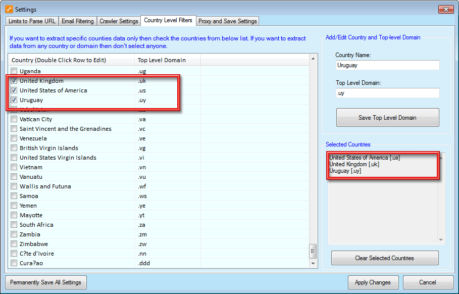 Email Extractor Country Level Filters