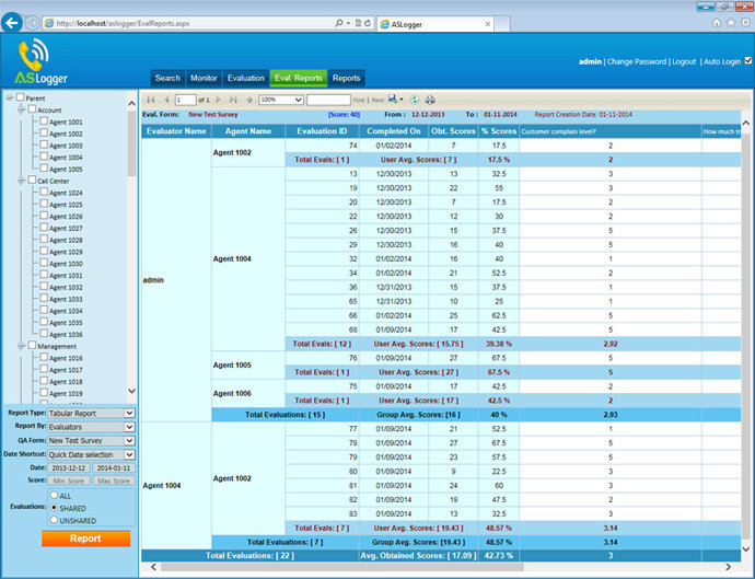 ASLogger Evaluations Report Screenshot